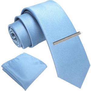 RBOCOTT Solid Color Skinny Tie and Pocket Square with Tie Clip Set(6cm) (Baby Blue)