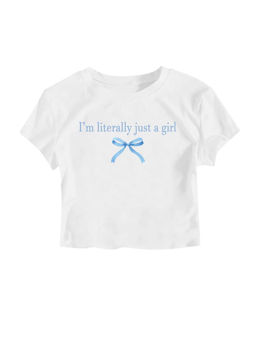 RoseSeek Girl's Letter Bow Graphic Tees Short Sleeve Crewneck Cute Shirts for Teen Girls Trendy Blue and White 10Y (White)