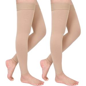 GODORIO 2Pairs 20-30mmHg Thigh High Compression Stockings, Thigh High Compression Socks for Women, Medical Compression Stockings for Varicose Veins, Swelling, Pregnant, Teacher, Doctor (XXL, Footless-Beige)