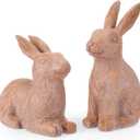 Set of 2 Brown Rustic Easter Bunny Figurines - Distressed Resin Rabbit Statues for Farmhouse Home Decor - Vintage Spring Bunny Ornaments for Tabletop, Mantel & Shelf Display