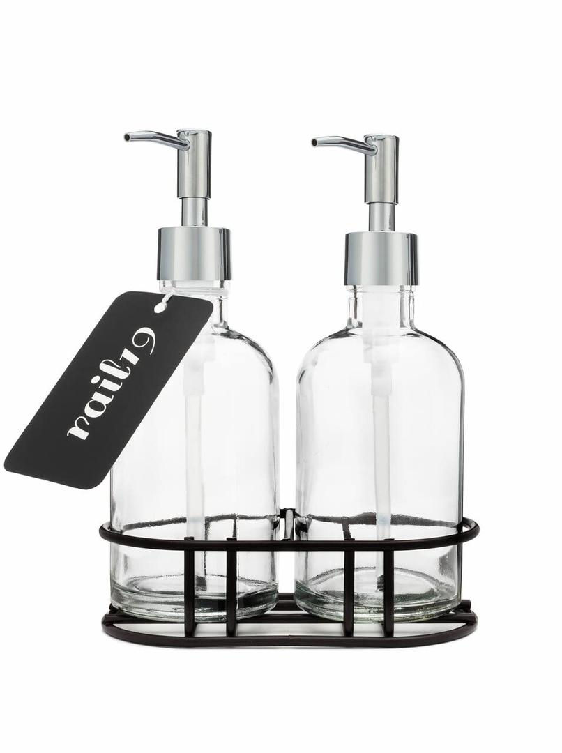 Urban Habitat Glass Hand and Soap Dispenser Set with Metal Pump - Includes Metal Caddy, 8oz (Chrome Rustic)