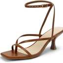 LOOPCHARM Women's Kitten Heel Strappy Open Square Toe Thong Ankle Strap Heels for Wedding 6