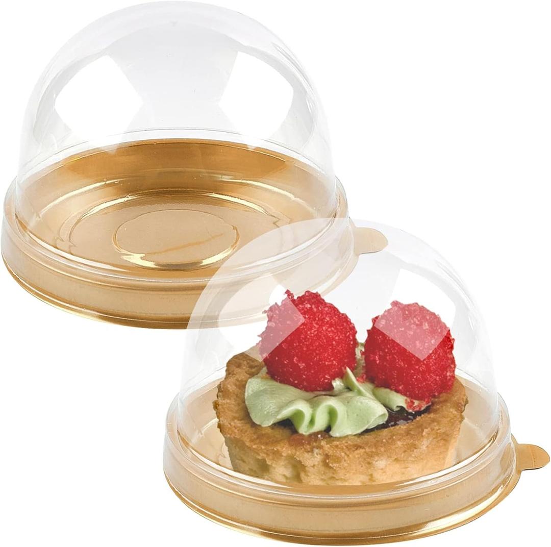 TOFLEN 100Pcs Mini Cake Containers with Clear Dome Lids for Mini Desserts Cupcake, Cheesecake, Cocoa Bomb, Strawberry, Mooncake (Gold)