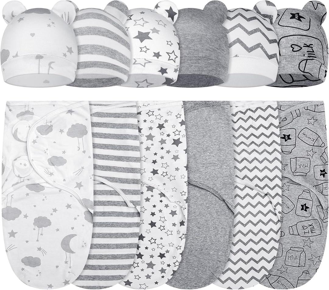 Ramede 6 Pack Swaddle Blanket with Hats for Baby Girl Boy 100% Cotton Swaddles 0-3 Months, Adjustable Breathable Skin Friendly Receiving Blanket Wrap, Essential for Newborns