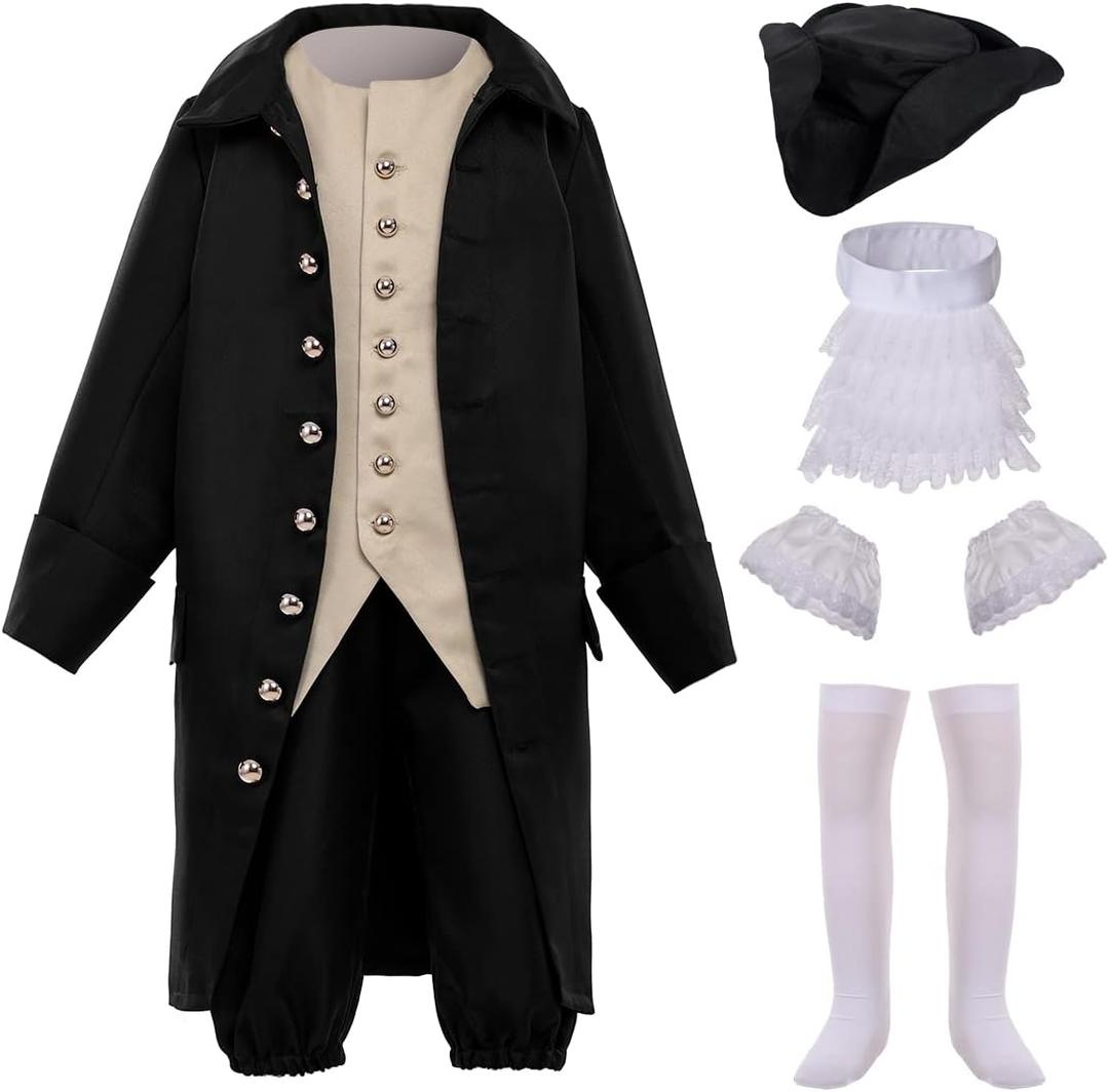 BPURB Colonial Costume Boys 18th Century American Costume (7, Black)