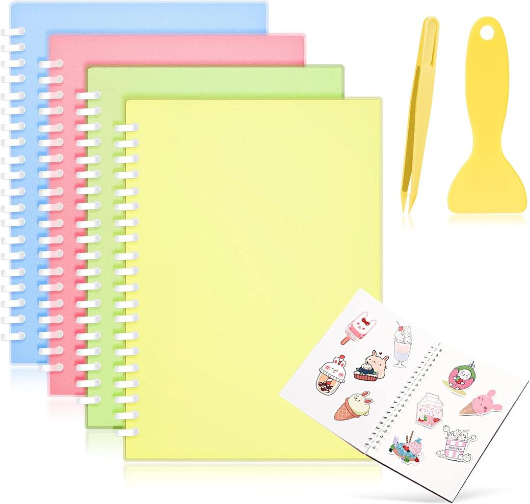 4 Pieces Sticker Collecting Book Album Reusable Sticker Book with a Plastic Spatula and Tweezer A5 Size 8.3" x 5.8" Christmas Notepads Collection Labels Accessories(Pink, Blue, Yellow, Green)