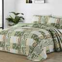 WONGS BEDDING Green Quilt Set King Size,Patchwork Plaid Printed Bedspread Coverlet Set,3 Pieces Summer Soft Microfiber Floral Bedding Set with 1 Quilt 2 Pillowcases