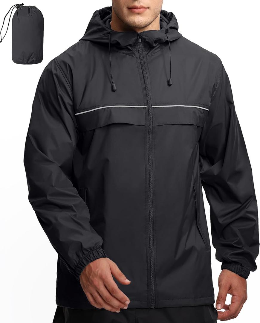 GEEK LIGHTING Rain Jacket Men Lightweight Waterproof Jackets Packable Windbreaker Hooded Raincoat for Golf Cycling Outdoor (Large, Black With Bag)