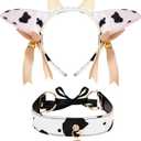 Cow Print Costume Set,Plush Headband with Horns and Bells, Matching Choker for Halloween Cosplay Party Accessories (Black White)