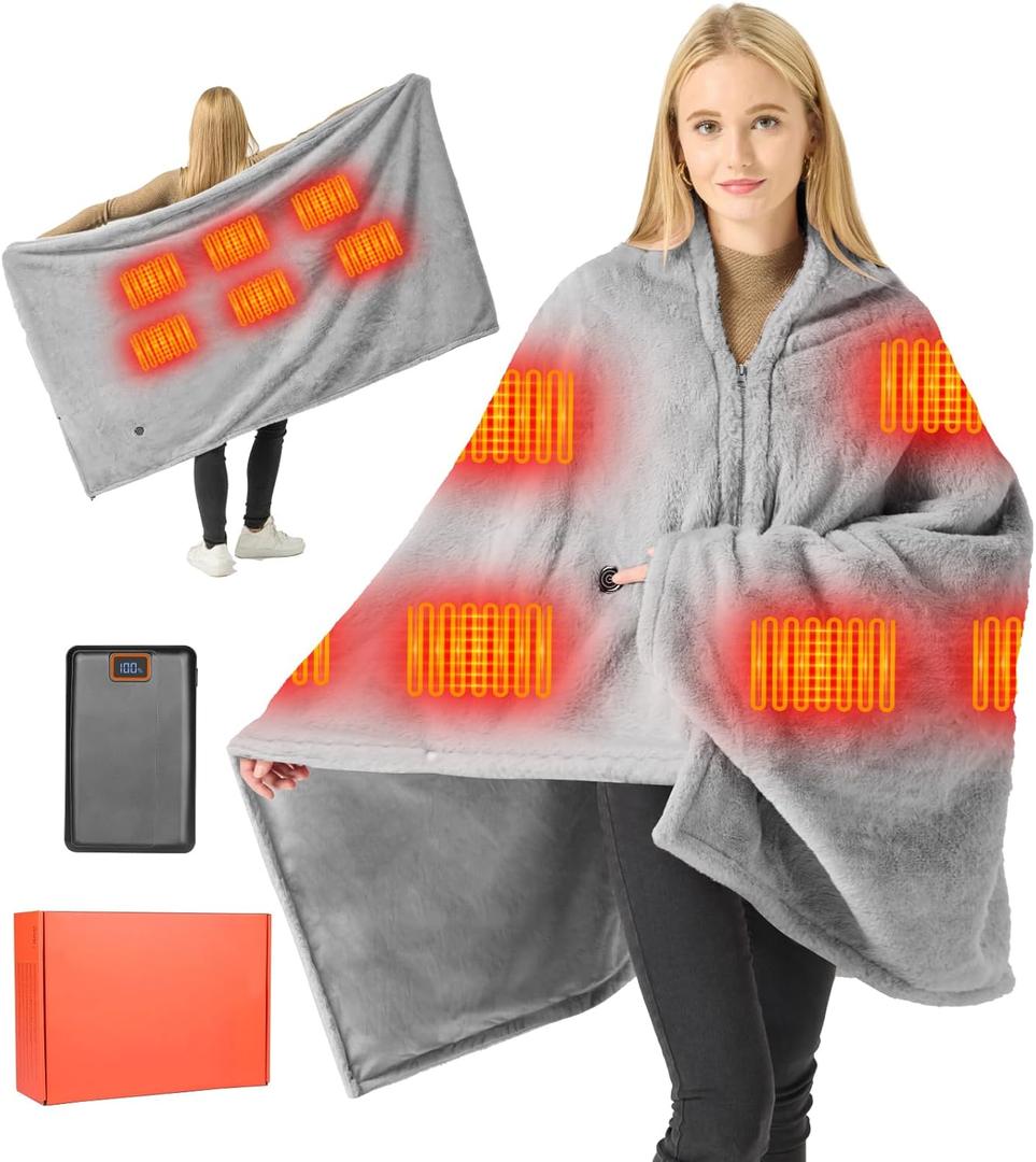 Graphene Heated Blanket Battery Operated, 20000mAh Battery 7.4V Fast Heating Blanket Portable Heated Shawl, Cordless Rechargeable Heated Shawl 3 Temperature Settings, Gift for Women (Gray)