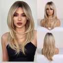 Women Long Ombre Blonde Wigs with Bangs 24 Inch Charming Curly Wavy Wigs Natural Looking Synthetic Layered Wig for Daily Party Use