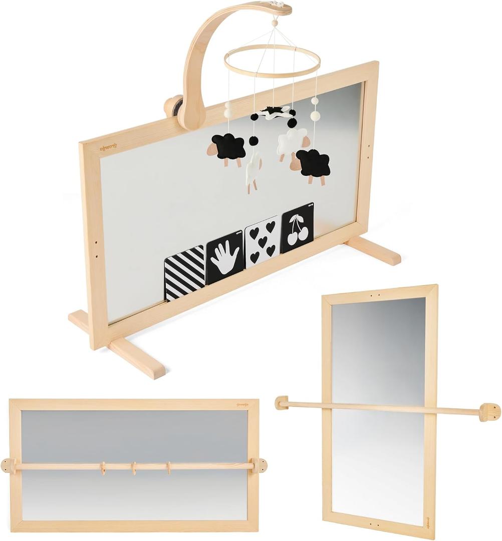 Montessori Mirror Baby Wall, Baby Pull Up Bar, 3-in-1 Shatterproof Mirror with Wooden Pull Up Bar - Montessori Baby Furniture for Balancing Nature and Development