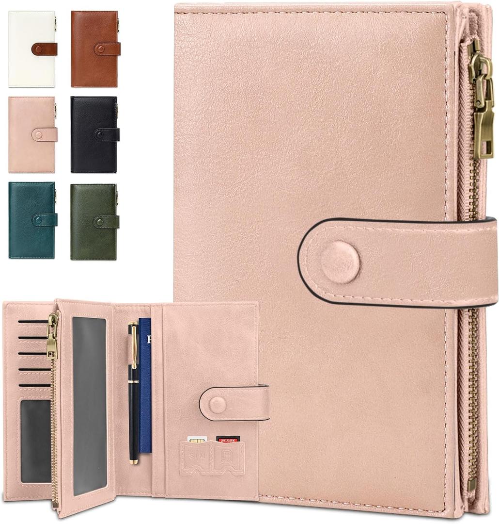 BKNOOU RFID Passport Holder Travel Wallet for Women, Compact Travel Passport Wallet with Zippered Coins Pocket, Leather Passport Cover Travel Wallet for Travel Essentials (Pink)