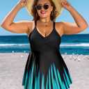 HUSKARY Plus Size Swimsuits for Women Tummy Control V Neck Swim Dress Two Piece Bathing Suit Flowy Tankini with Boyshorts (Blue, XXL)