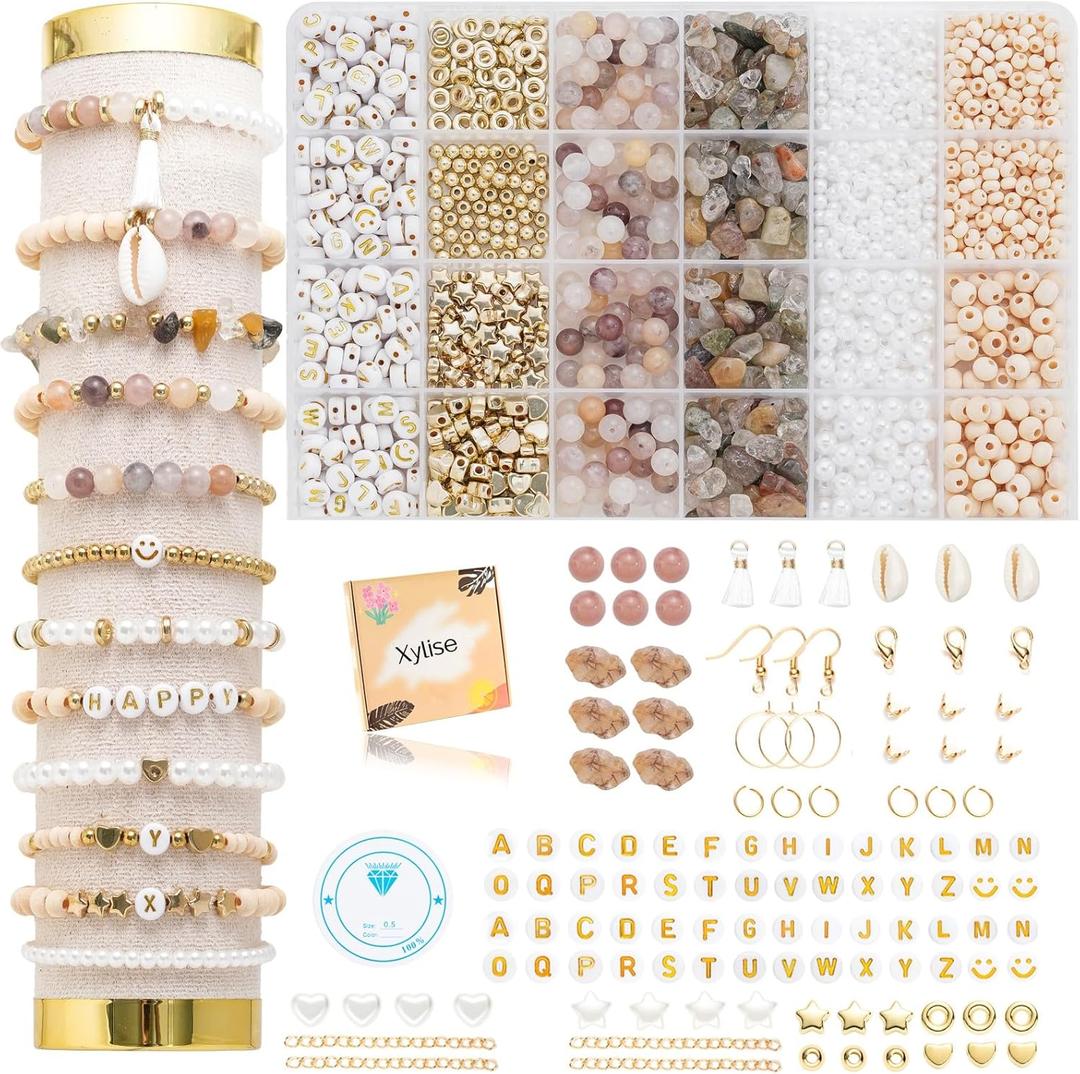 Xylise DIY Jewelry Making Kit, 1000+ Beads with Letters, Turquoise and Pearl Beads, Gold Charms, Bracelet Supplies (Light Purple)