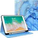 for iPad 6th 5th Generation Cases 2018/2017, iPad Air 2 Case 2014, iPad Air 2013, iPad Pro 9.7 inch Case 2016 with Pencil Holder, Leather Folio Cover for Kids, Women, Men, Marble Blue | 2018/2017, 2014, 2013, 2016, with Pencil Holder, for Kids