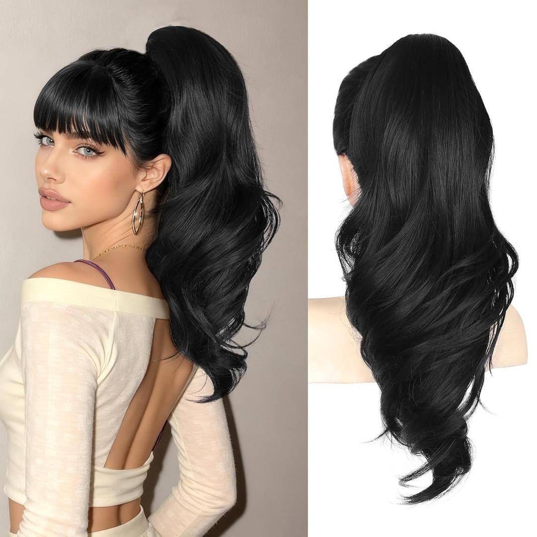 18" Black Ponytail Extension Clip In Pony Tails Hair Extensions Ponytail Clip On Ponytails for Women Claw Clip Hair Pieces for Women,Long Wavy Ponytails Extensions for Daily Use
