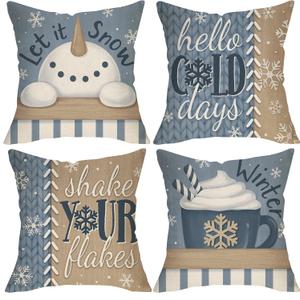 Winter Snowman Hot Cocoa Decorative Throw Pillow Covers 16 x 16 Set of 4, Let It Snow Hello Cold Day Snowflake Porch Outdoor Home Decor, Christmas Shake Your Flake Rustic Couch Cushion Case (Gray Blue Winter)