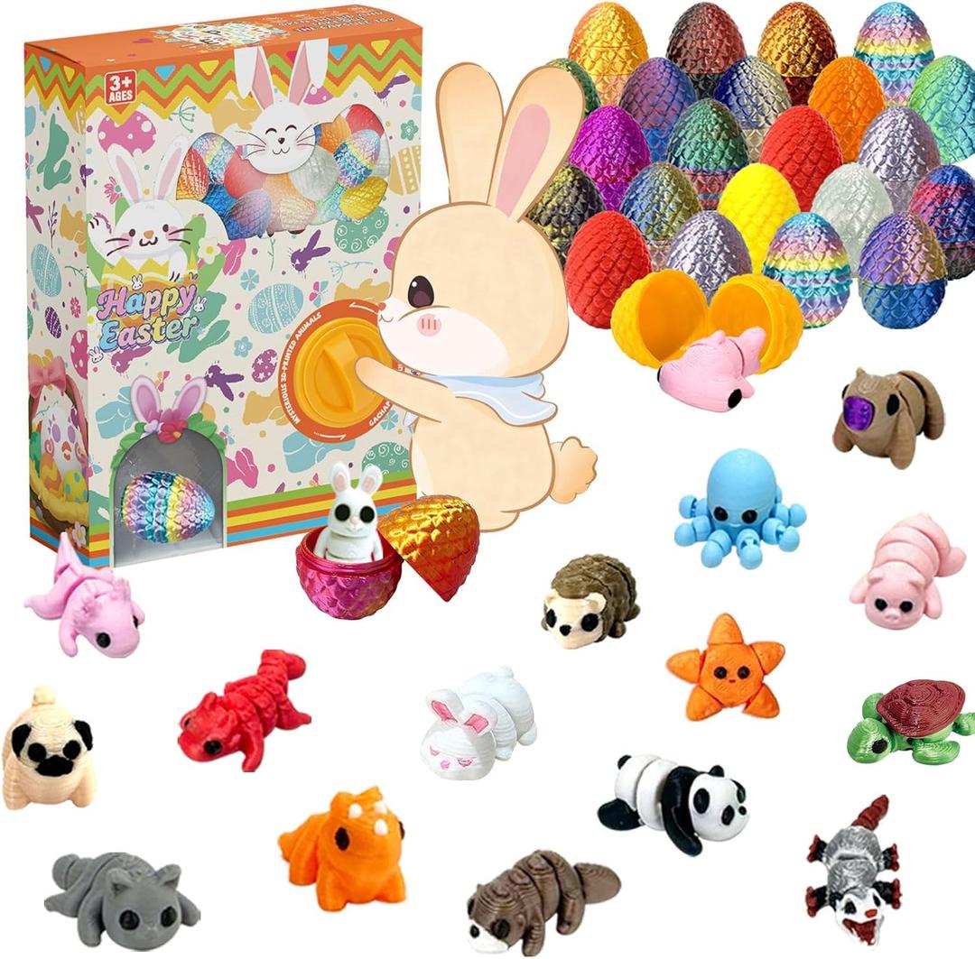 24 Pack Prefilled Easter Eggs with 3D Printed Articulated Animals Inside - Reusable Vending Machine Toy Easter Eggs for Easter Egg Hunt, Party Favor Bags, Gift Filler for Kids