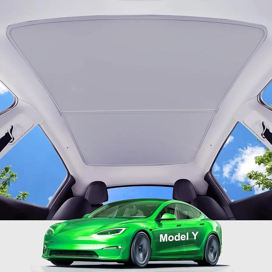 Upgrade Tesla Model Y Sunshade Roof, Never Sag & Nano Ice-Crystal Coatings, Foldable Sun Protection and Heat Insulation Glass Roof Sun Shade, Accessories for Interior Tesla Model Y