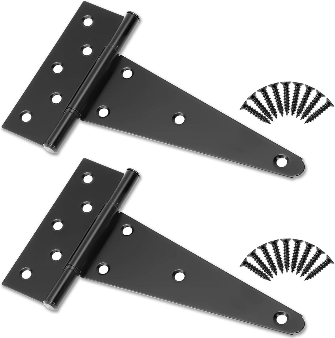8 Inch T-Strap Heavy Duty Gate Hinges - 2 Pack Black Wrought Iron Tee Shed Door Hinges, Rustproof Hardware for Wooden Fence, Barn Door, Shed Gate, Yard Outdoor Use