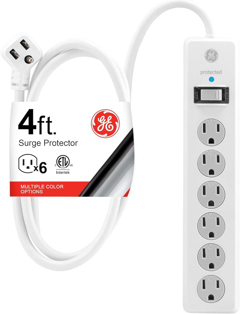 GE Surge Protector Power Strip, 4 Ft Extension Cord, 6 Outlet Extender, 800 Joules, Flat Plug, Twist-to-Close Safety Covers, ETL Listed, White, 33658