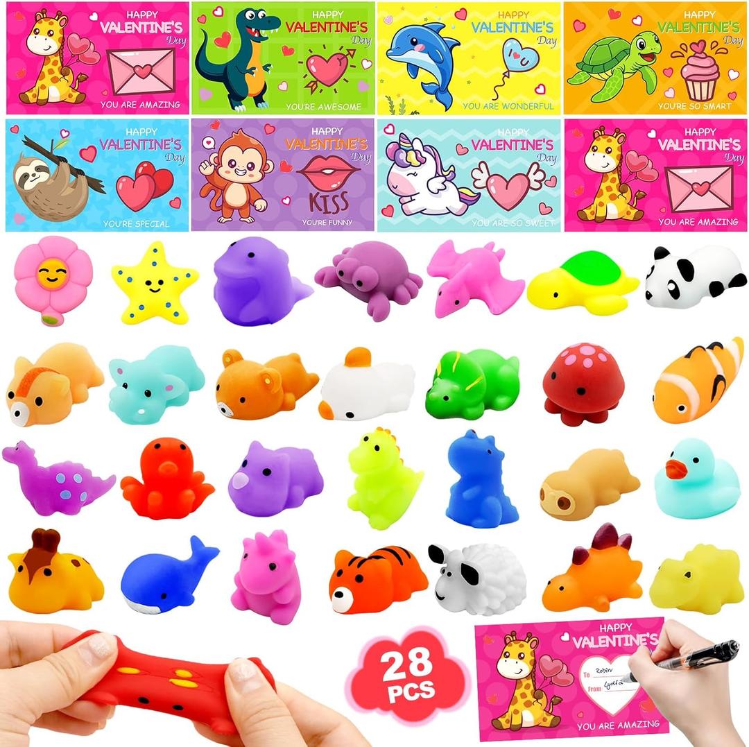 28 Pack Valentines Day Gifts for Kids ,Mochi Squishy Toys with Valentine Greeting Cards Classroom Prizes Exchange Gifts Prizes Valentines Day Gifts for Kids Boy Girl Valentine Party Favors