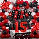 15th Birthday Decorations for Boys & Girls, 84 PCS Red Black 15th Party Decorations, Birthday Party Supplies with Banner, Fringe Backdrop, Foil Star Balloons, Hanging Swirls, Tablecloth Garland Arch