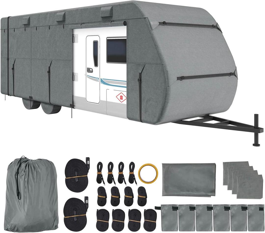 VEVOR Travel Trailer Cover, 28-31 ft RV Cover, Top 300D Oxford Fabric Camper Cover, Waterproof, Windproof and Rip-Stop Class A RV Cover, with Storage Bag, Repair Patches, Straps and Tire Covers