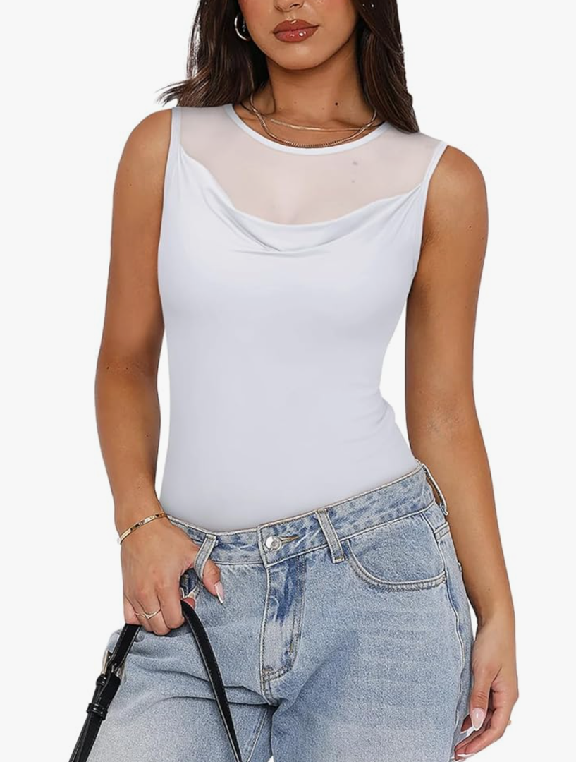 REORIA Women's Crew Round Neck Sleeveless Shirts Sexy Sheer Mesh Top 2025 Trendy Going Out Bodysuits Tops, White, M