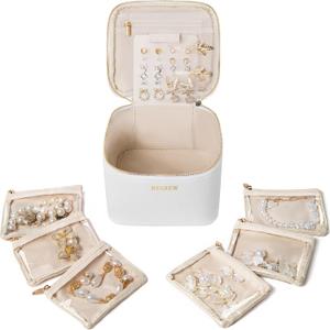 Travel Jewelry Box with 6 Pouches, Leather Jewelry Organizer Case for Women Girl for Necklace Earring Bracelet Ring, Jewelry Holder Organizer Box,Wedding Birthday Gift Idea (White)