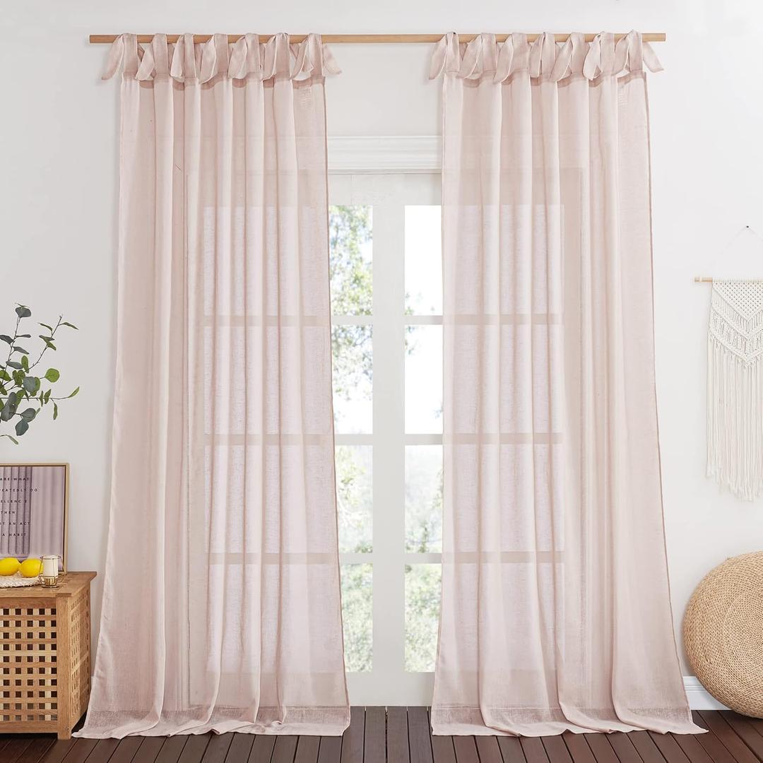 NICETOWN Blush Pink Linen Sheer Curtains 84 inch Length, Adjustable Tie Top DIY Crafted Flax Semi Sheer Privacy with Light Filtering Vertical Drapes for Bedroom/Living Room, W52 x L84