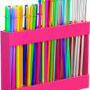 9.5" Large Acrylic Straw Holder for Cabinet Door, Reusable Straw Organizer Storge Container with Ventilation Holes for Cabinet & Countertops Super Strong Adhesive  Easy to Install (Pink)