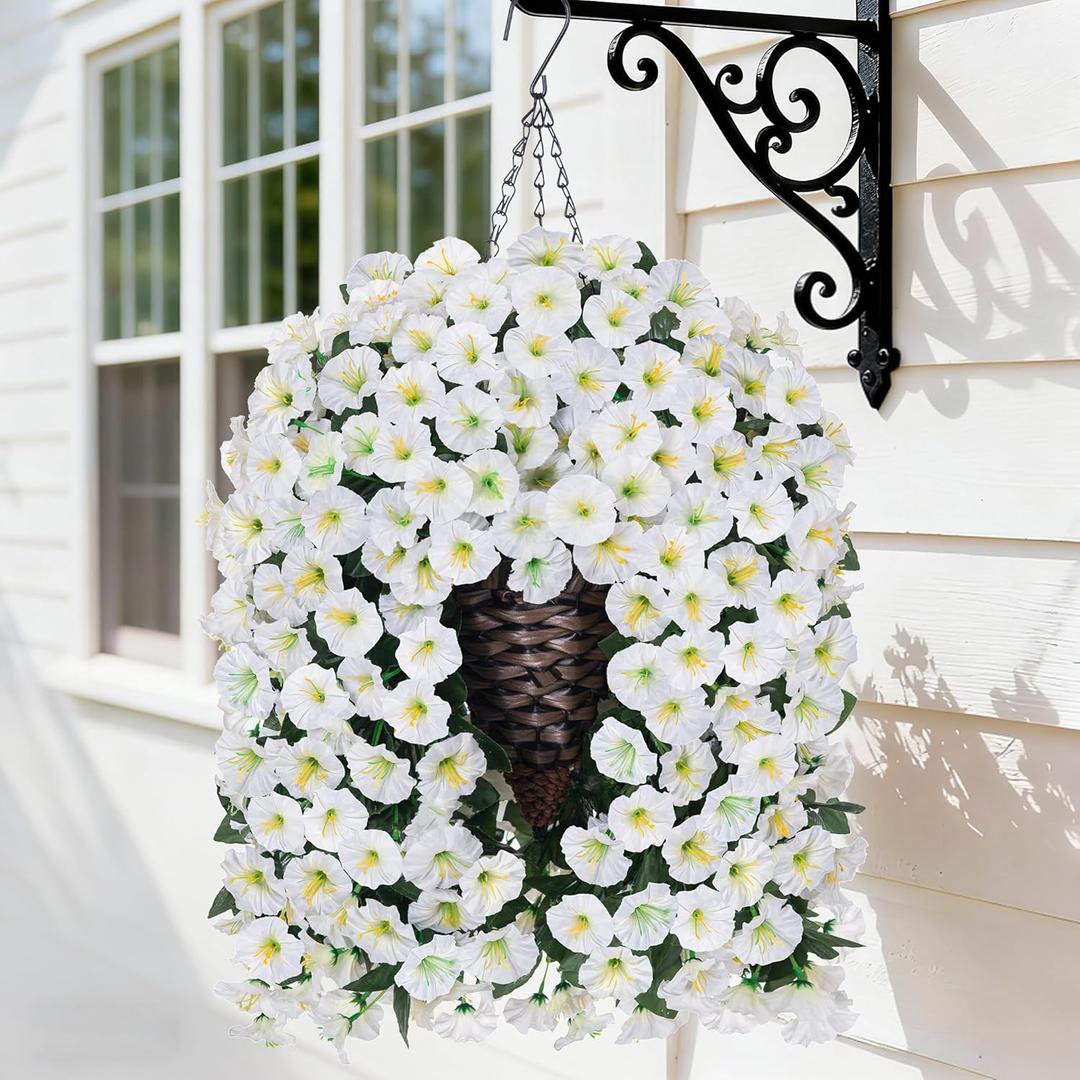 HyeFlora Artificial Faux Hanging White Flowers Plants Basket for Outdoor Outside Christmas Winter Decor, Fake UV Resistant Realistic Morning Glory Flowers for Porch Home Balcony Yard Patio Decoration