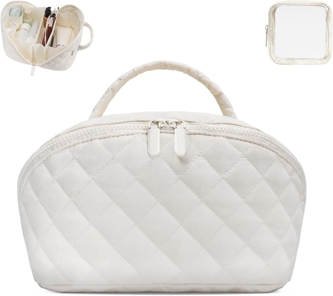Makeup Bag,Quilted Puffer Cosmetic Bag for Women, 180 Lay-Flat Travel Make up Bag, Waterproof Large Capacity Toiletry Bag with Sturdy Zippers, Portable Makeup Organizer for Travel & Daily Use (Medium, White)