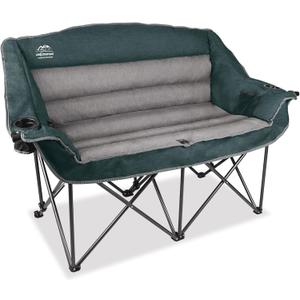 Fully Padded Folding Double Camping Chairs,Comfy Oversized Loveseat Lawn Chair w/Wine Glass Holder,Cup Holder,Heavy Duty Outdoor Portable Camp Couch Support 600 Lbs,Dark Green