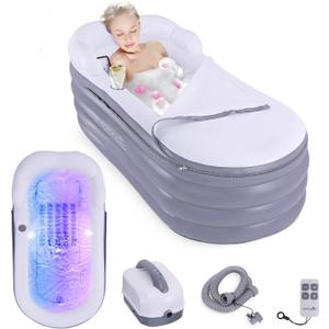 SereneLife Spa Bathtub with Bubble Massage Mat Inflatable Bathtub with Pillow, Cup Holder, Remote Control for LED Lighting, Backrest and Armrests, Supporting Up To 190 lbs. 66" x 30" x 26"