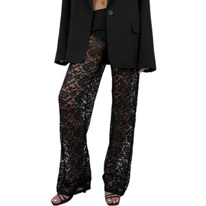 Women Sexy See Through Sheer Mesh Elastic Pencil Pants High Waist Leggings Sweatpants Tights (Small, Lace Floral-Black)