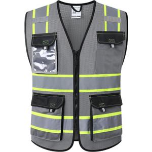 JKSafety Hi Vis Reflective Safety Vests for Men Women High Visibility Vest with Pockets Mesh Fabric Construction Safety Apparel Neon Vest for Work (220-Grey XL)