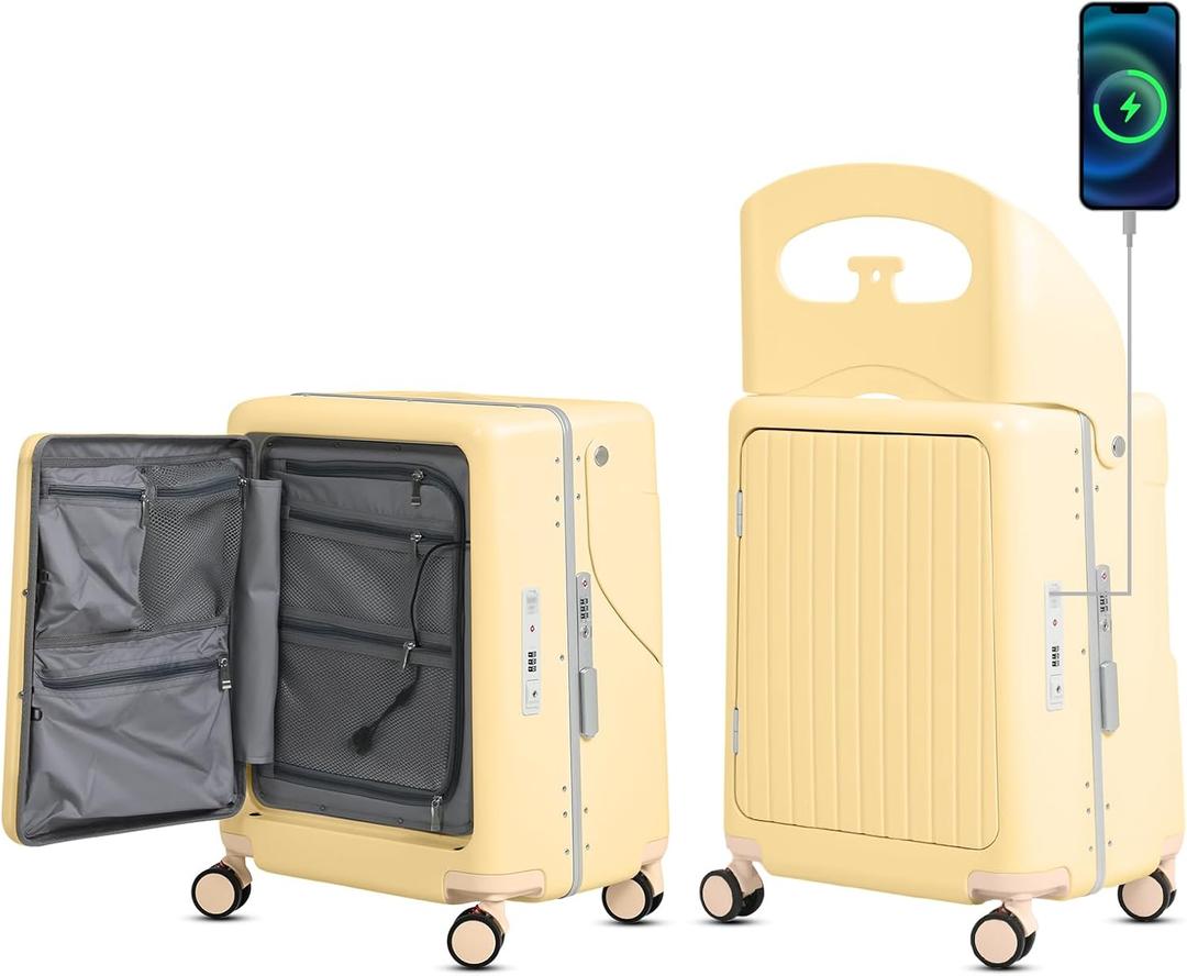 smilesun 20" Carry On Luggage with Seat For Kids & Adults，Hardside Ride On Suitcase Front Opening with 360°Spinner and TSA Lock For Travel (Yellow with Front Open, 20")