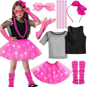13pcs Girls 80s Outfit Costume Accessories Light Up Tutu Shirt Outfits Halloween 1980s 90s Theme Retro Party (S-for height 40-44in)