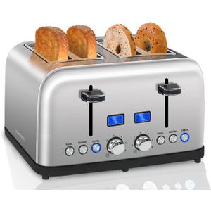SEEDEEM Toaster 4 Slice, LCD Display, 6 Shade Settings, 1.5'' Wide Slots, Digital Stainless Toaster for Bagel, Defrost, Reheat, Dual Control, Removable Crumb Tray, 1500W, Silver Metallic