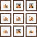 8x8 Picture Frame Set of 9, Photo Gallery Wall Frame Set, Display Pictures 4x4 with Mat or 8 x 8 Without Mat, Square Frame Picture Frames Collage Wall Decor, Rustic Brown