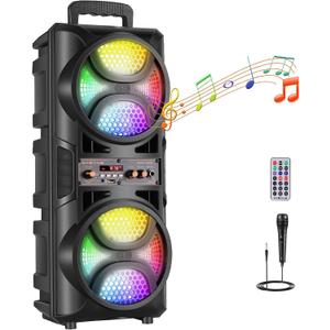 TWS Portable PA Speaker System with Dual 6.5 Inch Woofer, Wireless Bluetooth Speaker with Wired Microphone, Remote, FM Radio, Party Lights, Outdoor Karaoke Machine for Events, Camping, Travel