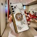 for Samsung Galaxy A16 Glitter Case with Chain Bracelet & Kickstand, Bling Butterfly Flower Shockproof Protective Cover, Sparkle Crystal Pearl Design for Samsung A16 DLH-White