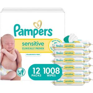 Pampers Sensitive Baby Wipes, Water Based, Clinically Proven, Hypoallergenic, and Unscented for Babies, 1008 Wipes Total (12 Flip-Top Packs)