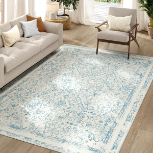 jinchan Washable Area Rug 6x9 - Low Pile Bedroom Rug Indoor Blue Floral Print Faux Wool Soft Stain Resistant Distressed Vintage Ultra-Thin Non-Slip Boho Carpet for Living Room Dining Room Kitchen
