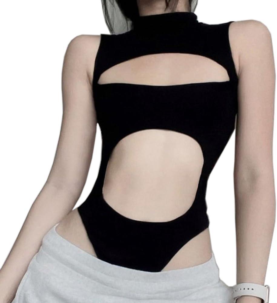 SINROYEE Sexy Hollow Out Women Bodysuit Summer Streetwear Outfit Gothic Jumpsuit T Shirt Short Sleeve Sleeveless (Size Large)