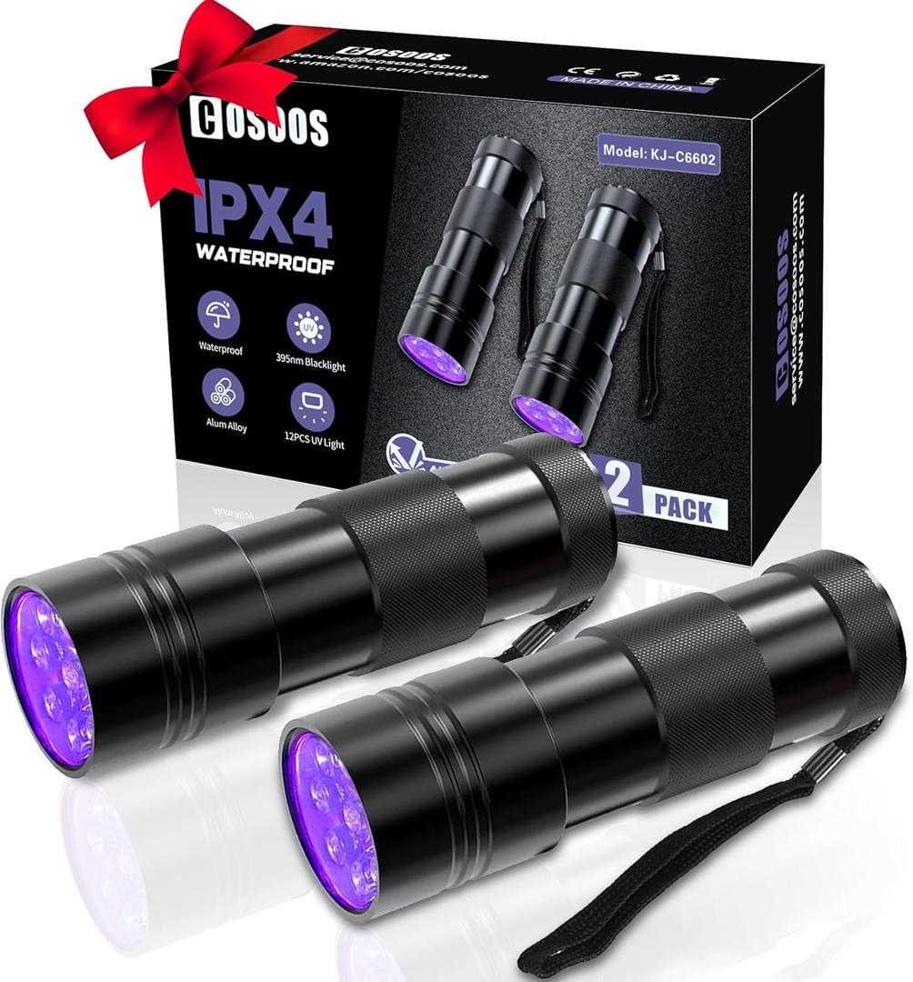 COSOOS 2 Pack UV Flashlight, 12 LED Handheld Blacklight Flashlight 395nm Mini Light Torch Detector for Dog Pet Urine Stains, Bed Bugs and Scorpions. (Batteries not Included)