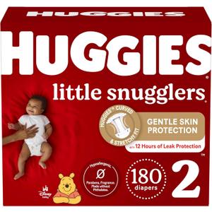 Huggies Size 2 Diapers, Little Snugglers Baby Diapers, Size 2 (12-18 lbs), 180 Ct (3 packs of 60), Packaging May Vary